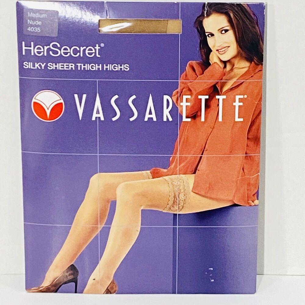 NEW Vassarette HER SECRET Silky NUDE Sheer THIGH HIGHS Medium 4035 Lace Top